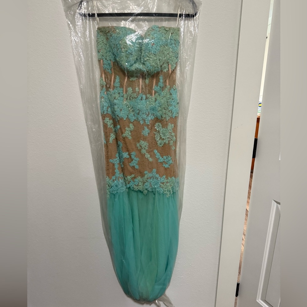 Sherri Hill Turquoise and Tan Lace Gown